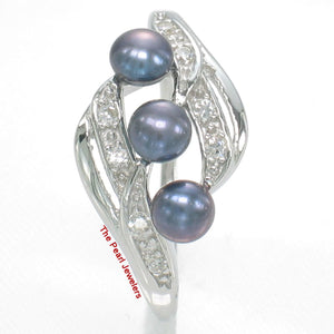 Solid Sterling Silver .925 Black Cultured Pearl & Cubic Zirconia Cocktail Ring