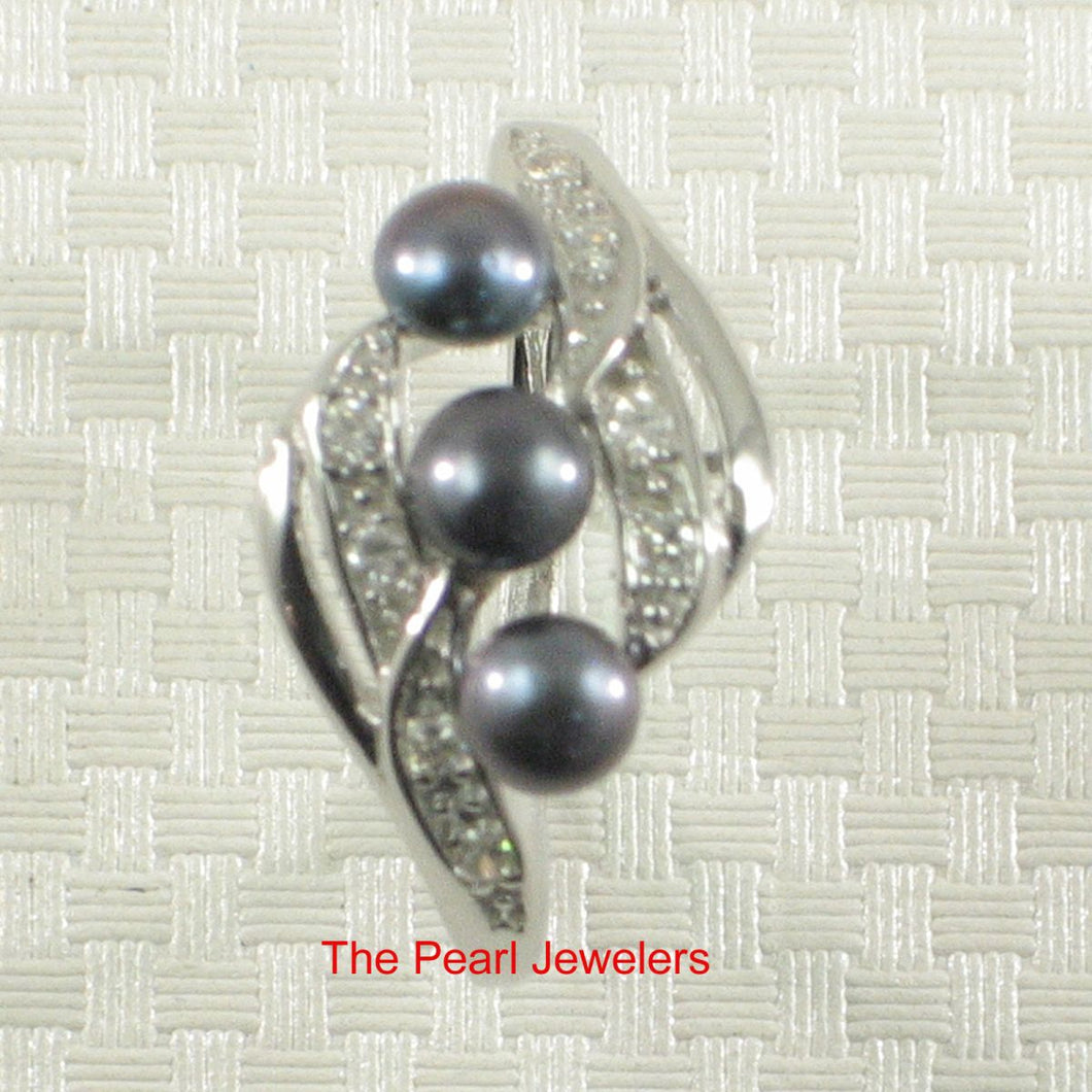 Solid Sterling Silver .925 Black Cultured Pearl & Cubic Zirconia Cocktail Ring
