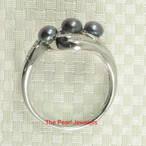 Solid Sterling Silver .925 Black Cultured Pearl & Cubic Zirconia Cocktail Ring