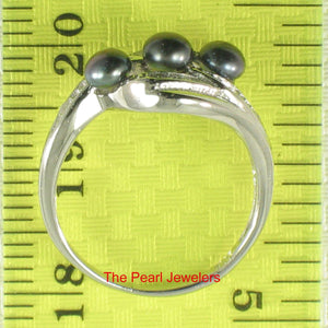 Solid Sterling Silver .925 Black Cultured Pearl & Cubic Zirconia Cocktail Ring