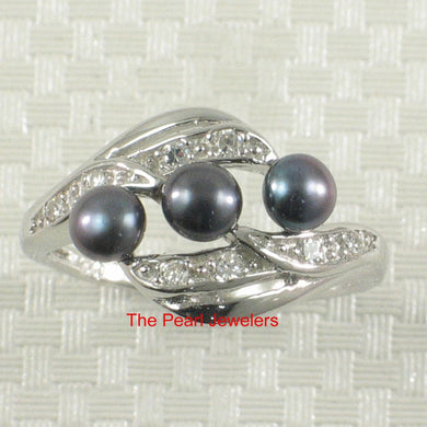 Solid Sterling Silver .925 Black Cultured Pearl & Cubic Zirconia Cocktail Ring
