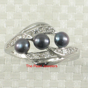 Solid Sterling Silver .925 Black Cultured Pearl & Cubic Zirconia Cocktail Ring