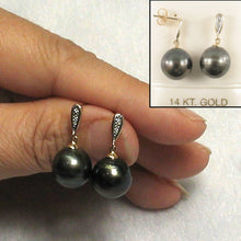 Load image into Gallery viewer, Black Tahitian Pearl &amp; Diamond Dangle Earrings – 14k Yellow Gold