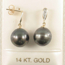 Load image into Gallery viewer, Black Tahitian Pearl &amp; Diamond Dangle Earrings – 14k Yellow Gold