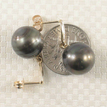Load image into Gallery viewer, Black Tahitian Pearl &amp; Diamond Dangle Earrings – 14k Yellow Gold