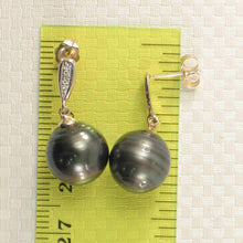 Load image into Gallery viewer, Black Tahitian Pearl &amp; Diamond Dangle Earrings – 14k Yellow Gold