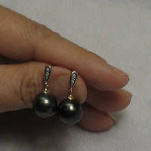 Load image into Gallery viewer, Black Tahitian Pearl &amp; Diamond Dangle Earrings – 14k Yellow Gold
