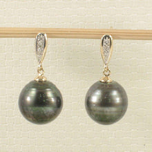 Load image into Gallery viewer, Black Tahitian Pearl &amp; Diamond Dangle Earrings – 14k Yellow Gold