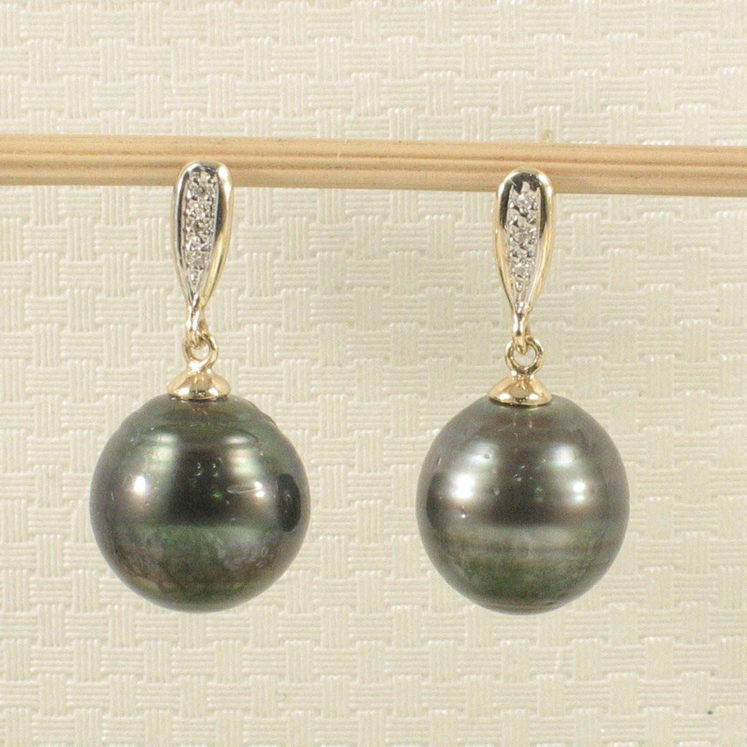 Black Tahitian Pearl & Diamond Dangle Earrings – 14k Yellow Gold