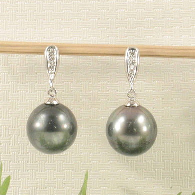 14k White Gold Black Tahitian Pearl Diamond Dangle Earrings