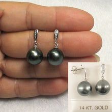 Load image into Gallery viewer, 14k White Gold Black Tahitian Pearl Diamond Dangle Earrings