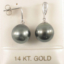 Load image into Gallery viewer, 14k White Gold Black Tahitian Pearl Diamond Dangle Earrings