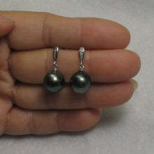 Load image into Gallery viewer, 14k White Gold Black Tahitian Pearl Diamond Dangle Earrings
