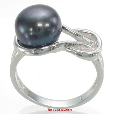 Solid Sterling Silver .925 Love-Knot Freshwater Pearl Solitaire Ring (Black-Gray)