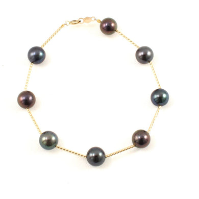 14k Yellow Gold Twist Tube Black Cultured Pearl Bracelet