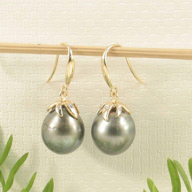 Black Tahitian Pearl & Diamond Hook Earrings – 14k Yellow Gold