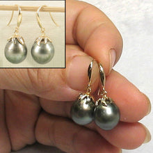 Load image into Gallery viewer, Black Tahitian Pearl &amp; Diamond Hook Earrings – 14k Yellow Gold