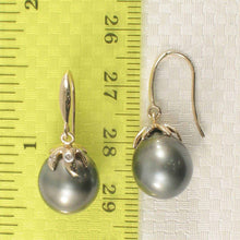 Load image into Gallery viewer, Black Tahitian Pearl &amp; Diamond Hook Earrings – 14k Yellow Gold