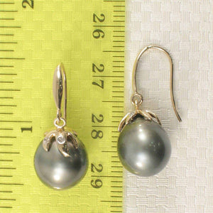 Black Tahitian Pearl & Diamond Hook Earrings – 14k Yellow Gold