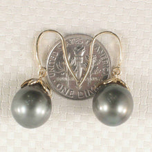 Load image into Gallery viewer, Black Tahitian Pearl &amp; Diamond Hook Earrings – 14k Yellow Gold