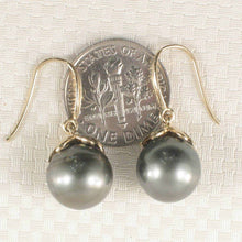 Load image into Gallery viewer, Black Tahitian Pearl &amp; Diamond Hook Earrings – 14k Yellow Gold