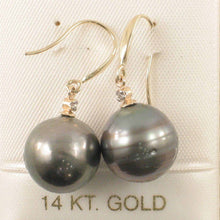 Load image into Gallery viewer, 14k Yellow Gold Diamond &amp; Black Tahitian Pearl Hook Earrings
