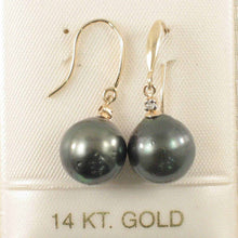 Load image into Gallery viewer, 14k Yellow Gold Diamond &amp; Black Tahitian Pearl Hook Earrings