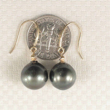 Load image into Gallery viewer, 14k Yellow Gold Diamond &amp; Black Tahitian Pearl Hook Earrings