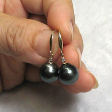 Load image into Gallery viewer, 14k Yellow Gold Diamond &amp; Black Tahitian Pearl Hook Earrings