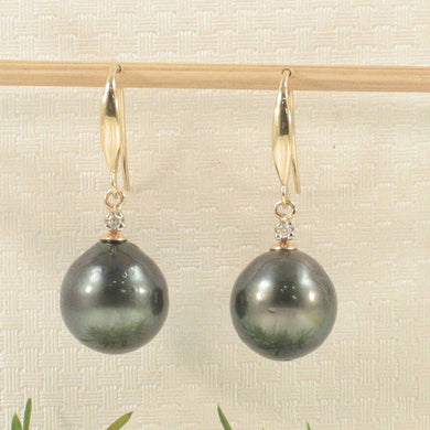 14k Yellow Gold Diamond & Black Tahitian Pearl Hook Earrings