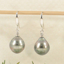 Load image into Gallery viewer, 14k White Gold Diamond &amp; Black Baroque Tahitian Pearl Hook Earrings