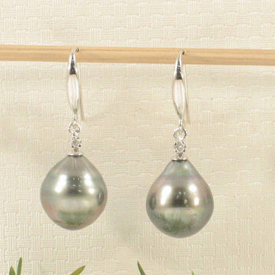 14k White Gold Diamond & Black Baroque Tahitian Pearl Hook Earrings