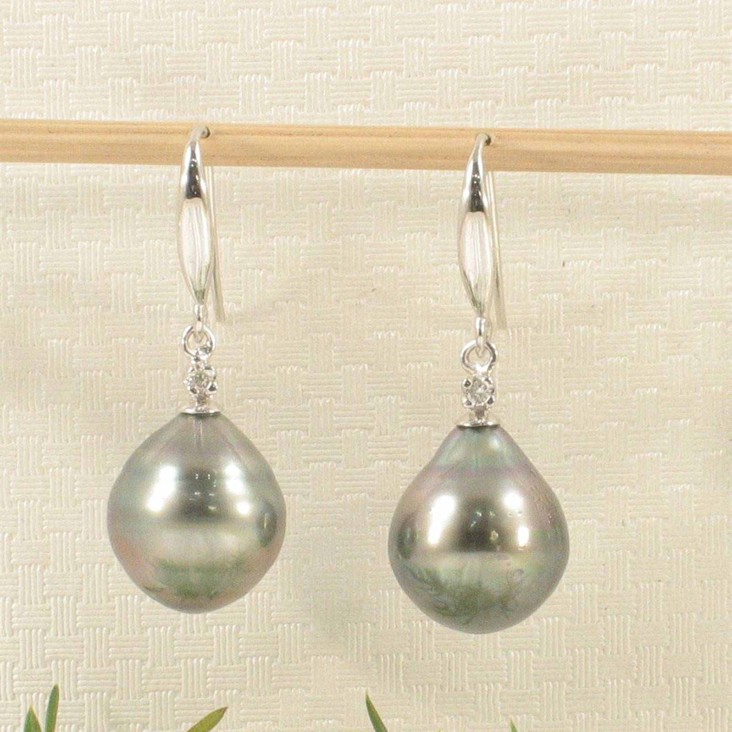 14k White Gold Diamond & Black Baroque Tahitian Pearl Hook Earrings