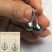 Load image into Gallery viewer, 14k White Gold Diamond &amp; Black Baroque Tahitian Pearl Hook Earrings