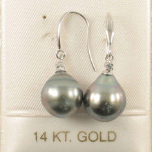 Load image into Gallery viewer, 14k White Gold Diamond &amp; Black Baroque Tahitian Pearl Hook Earrings