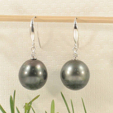 14k White Gold Diamond & Black Tahitian Pearl Hook Earrings