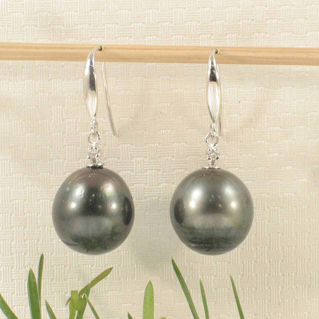 14k White Gold Diamond & Black Tahitian Pearl Hook Earrings
