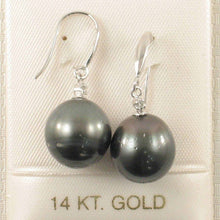 Load image into Gallery viewer, 14k White Gold Diamond &amp; Black Tahitian Pearl Hook Earrings