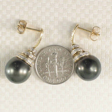 Load image into Gallery viewer, Black Tahitian Pearl &amp; Diamond Swirl Earrings – 14k Yellow Gold