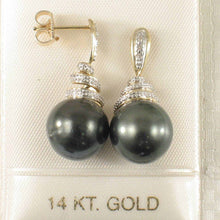 Load image into Gallery viewer, Black Tahitian Pearl &amp; Diamond Swirl Earrings – 14k Yellow Gold