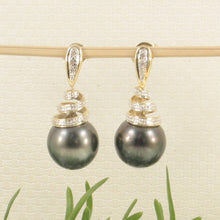 Load image into Gallery viewer, Black Tahitian Pearl &amp; Diamond Swirl Earrings – 14k Yellow Gold
