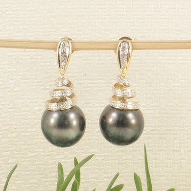 Black Tahitian Pearl & Diamond Swirl Earrings – 14k Yellow Gold