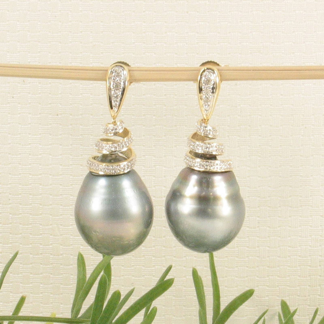 Black Tahitian Pearl & Diamond Swirl Earrings – 14k Yellow Gold