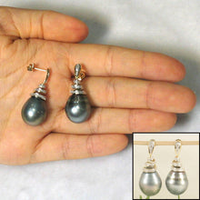 Load image into Gallery viewer, Black Tahitian Pearl &amp; Diamond Swirl Earrings – 14k Yellow Gold