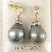 Load image into Gallery viewer, Black Tahitian Pearl &amp; Diamond Swirl Earrings – 14k Yellow Gold