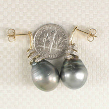 Load image into Gallery viewer, Black Tahitian Pearl &amp; Diamond Swirl Earrings – 14k Yellow Gold