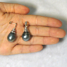 Load image into Gallery viewer, Black Tahitian Pearl &amp; Diamond Swirl Earrings – 14k Yellow Gold
