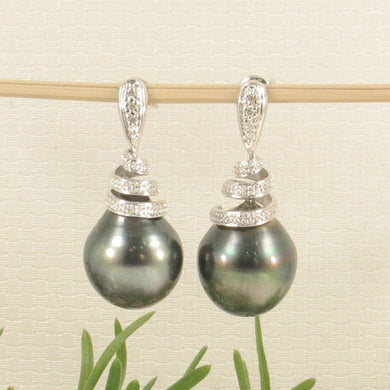 Black Tahitian Pearl & Diamond Swirl Earrings – 14k White Gold