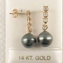 Load image into Gallery viewer, Black Tahitian Pearl &amp; Diamond Heart Dangle Earrings – 14k Yellow Gold