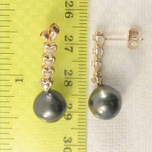 Load image into Gallery viewer, Black Tahitian Pearl &amp; Diamond Heart Dangle Earrings – 14k Yellow Gold